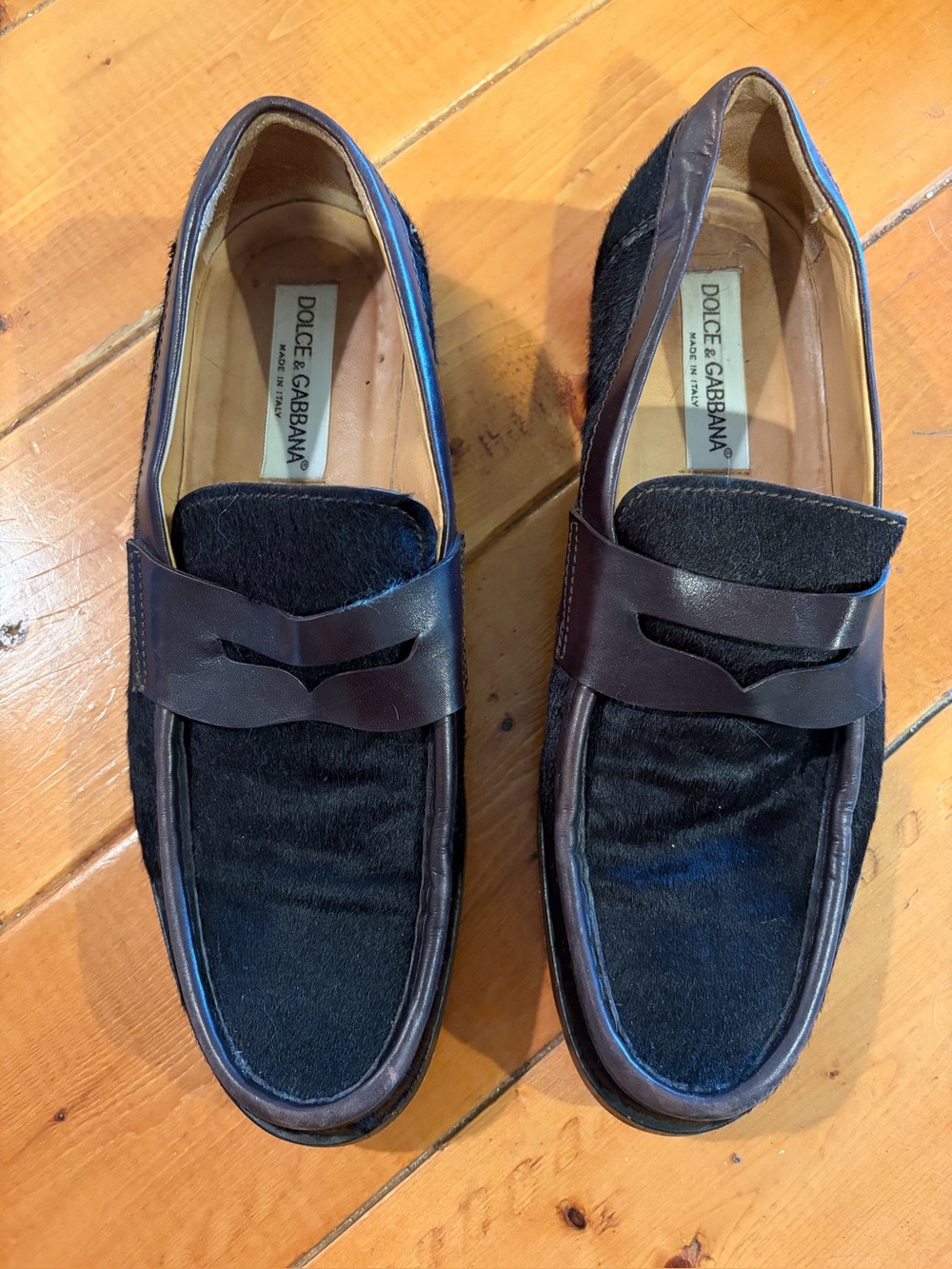 Dolce & Gabbana Black Haircalf and Brown Leather Penny Loafers